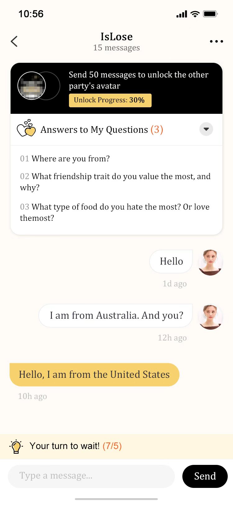 Hoot chat with pixelated photo and unlock progress bar